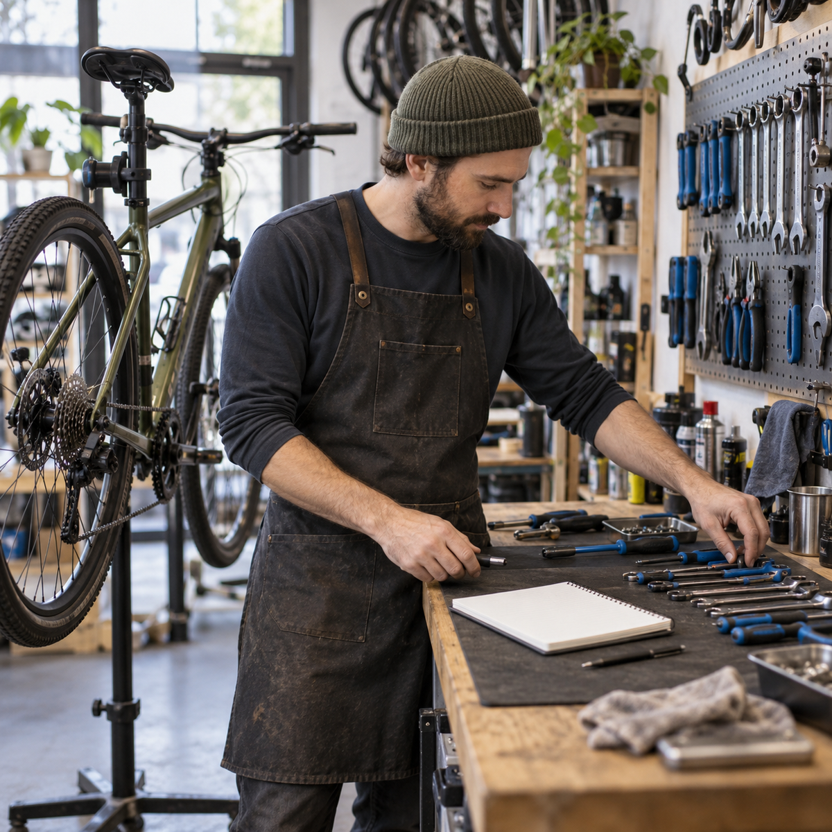 Illustrative scene of a bicycle repair professional organizing tools in a workshop.