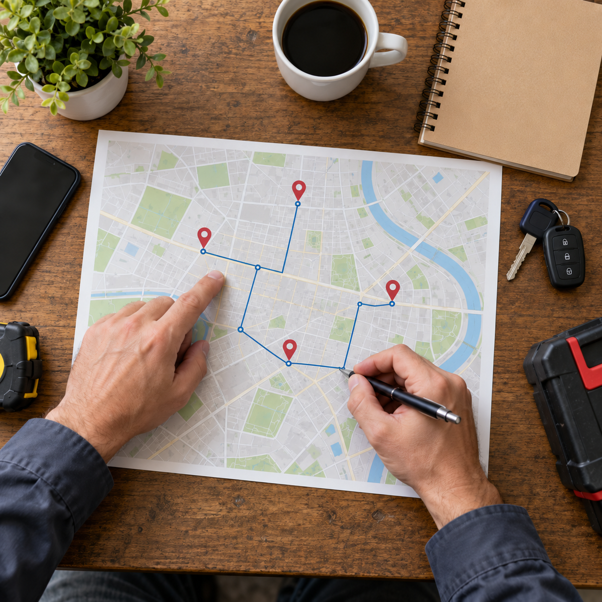 Illustrative scene of a local professional planning a service route on a paper map.