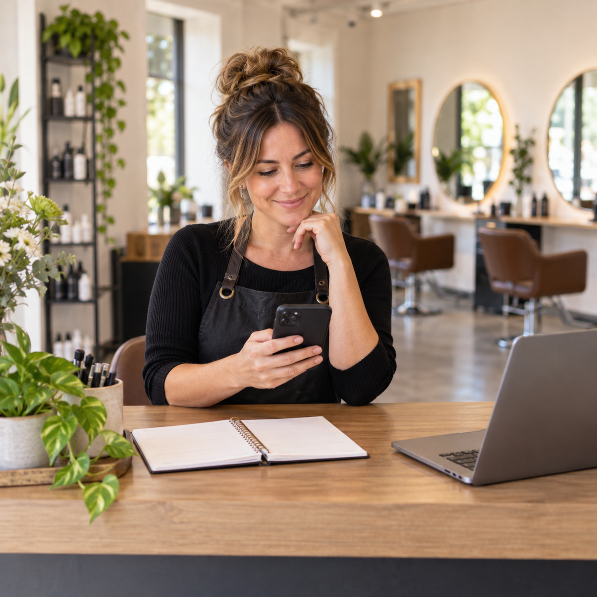 Illustrative scene of a salon owner checking a smartphone beside an appointment notebook.
