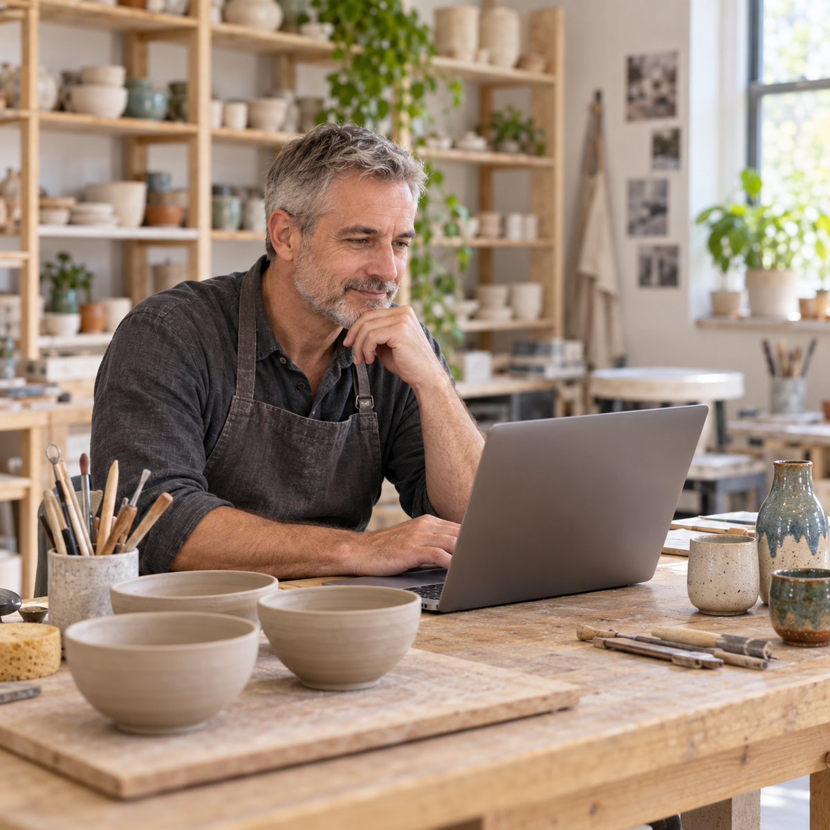 Illustrative scene of a pottery instructor reviewing a laptop beside clay bowls in a studio.