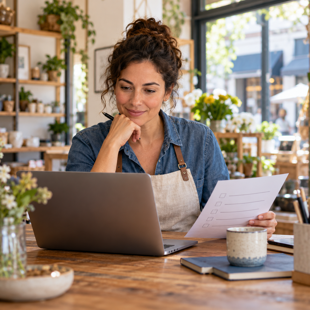 Small business owner reviewing a concise business description checklist beside a laptop in a local shop.