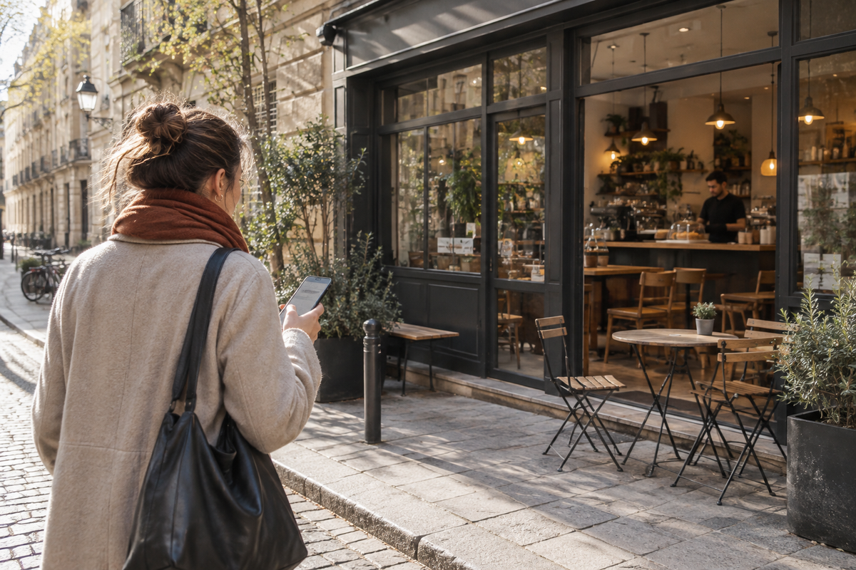 Customer finding a neighborhood cafe while consulting a smartphone.