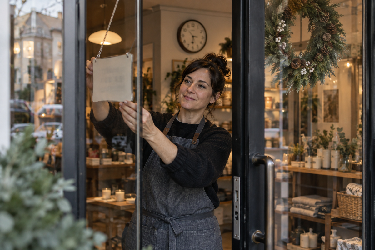 Shop owner updating an opening-hours notice on the entrance door.
