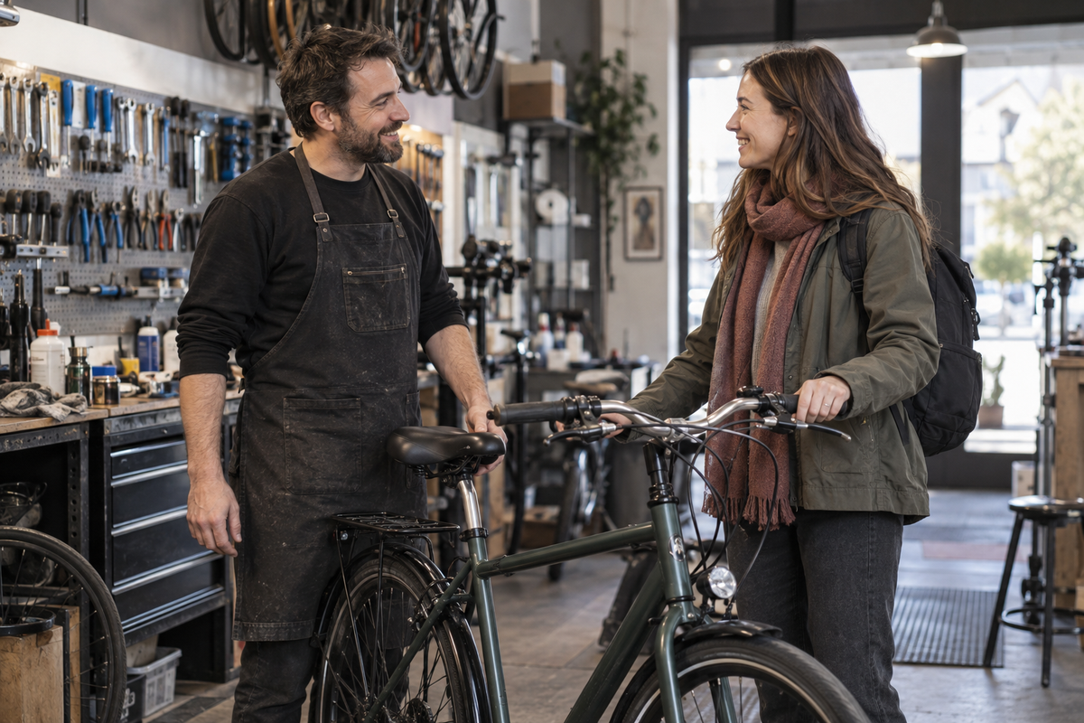 Bicycle workshop owner returning a repaired bike to a customer.