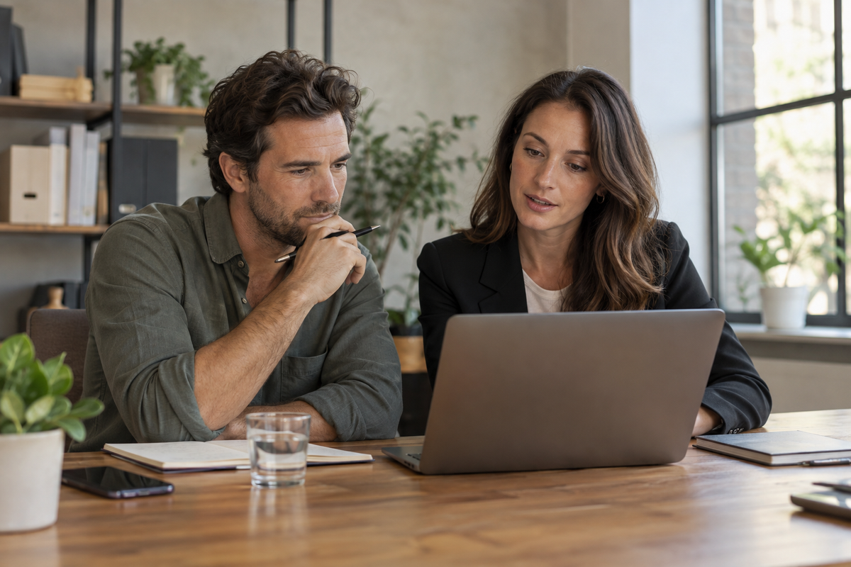 Small-business colleagues reviewing their online business presence together.