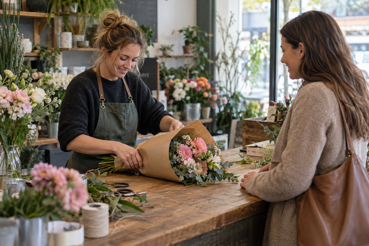 Flower-shop owner preparing a bouquet for a returning customer.